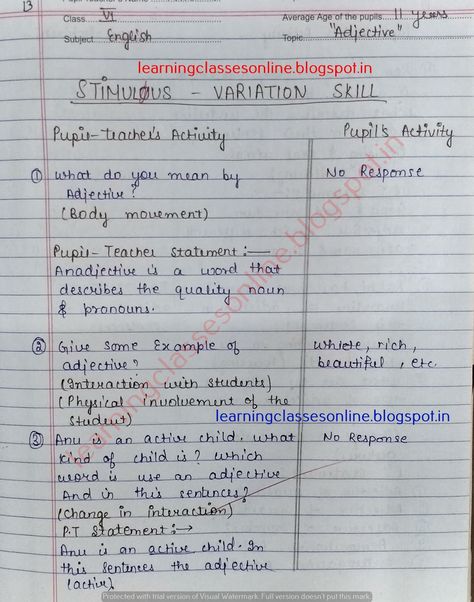 Stimulus Variation Skill - Micro Teaching Lessons - Topic ( Adjective) - English Lesson Plan File B.Ed Adjective Lesson, Micro Teaching, English Teacher Lesson Plans, Adjectives Lesson, Grammar Lesson Plans, Lesson Plan Pdf, Lesson Plan Format, Teaching Lessons Plans, English Lesson Plans