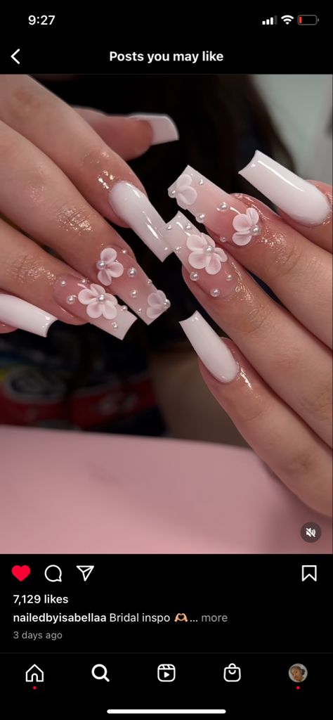 Ombré 3D Flowers acrylic nails Acrylic Nails 3d Flowers, Nails 3d Flowers, Acrylic Nails 3d, Quinceanera Nails, Girly Acrylic, Milky Nails, Graduation Nails, Nails 3d, Spring Acrylic Nails