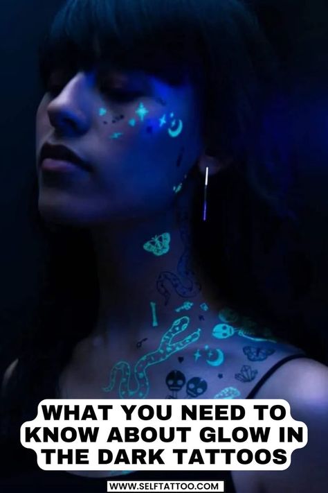 Glow in te dark tattoos have been around for ages. They could be the body art choice for you if you are looking for tattoo styles not of the traditional variety and want something that’s not especially visible. Tattoos Glow In The Dark, Uv Reactive Tattoos, Glow In The Dark Tattoo Ideas, Glitter Tattoos Real, Uv Light Tattoo, Uv Tattoo Ideas, Dark Star Tattoo, Blacklight Tattoo, Tattoo Glow In The Dark