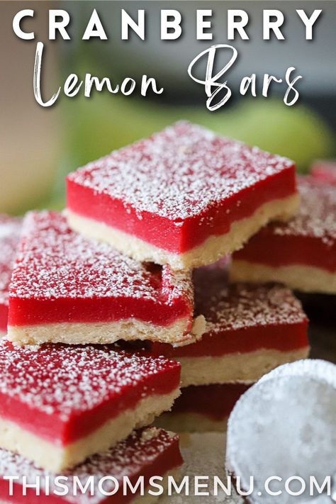 These cranberry lemon bars are the perfect treat to make with fresh cranberries. They are so flavorful and absolutely stunning with their vibrant color. These bars are perfect for holiday parties and cookie exchanges! Cranberry Lemon Bars Recipe, Christmas Lemon Bars, Cranberry Lemon Cookies, November Baking, Cranberry Lemon Bars, Cranberry Desserts, Baking Bars, Homemade Lemon Bars, Cranberry Bars