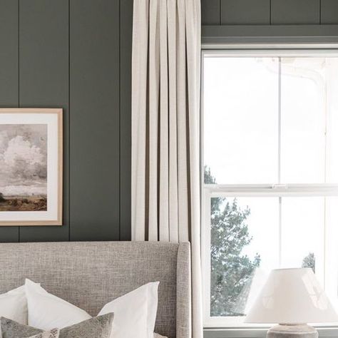 Lindsey Pedey on Instagram: "Our bedroom has been getting a lot of attention lately, since we added the beams & new curtains. In turn of my FAQ is what color is your bedroom?! Walls & ceiling are BM Chantilly Lace & accent wall is Millstone Gray! Are you a fan of accent walls? Honestly, I’m not. 🙈 BUT I do love our bedroom. I recently tried to paint it all dark but the color was wrong and I panicked bc it was like a week before the magazine shoot. Soooo I painted it all back. 😂😂 For now I lov Gray Bedroom, Bedroom Paint Colors, Bedroom Paint, Chantilly Lace, Curtain Rods, Life Changes, Beams, Accent Wall, Paint Colors