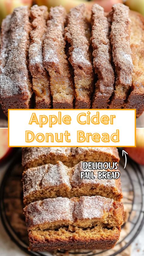 Apple Cider Donut Bread Apple Cider Donuts Bread, Apple Cider Bread Machine Recipe, Apple Cider Donut Bread Recipe, Fall Breakfast Breads, Flavored Homemade Bread, Apple Cider Donut Muffins Recipe, Apple Cider Doughnut Bread, Baking With Apple Cider, Apple Cider Quick Bread