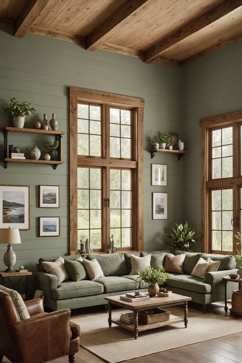 21 Sage Green Living Room Ideas – The Dear Lab Sage Green Walls With Wood Trim, Sage House Interior, Sage Color Living Room Ideas, Sage Green Wall Paint Ideas Living Room, Living Room Farmhouse Colors, Green Walls With Brown Trim, Scandinavian Green Living Room, Sage Green Walls Brown Leather Sofa, Modern French Farmhouse Living Room