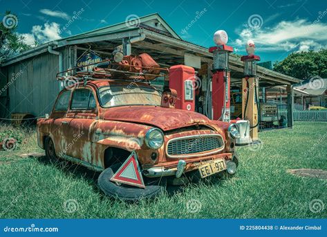 Caboolture, Queensland, Australia - Old rusty car next to the abandoned petrol station. Old Rusty Car, Rusty Cars, Petrol Station, Queensland Australia, Queensland, Photo Image, Editorial, Australia, Stock Photos