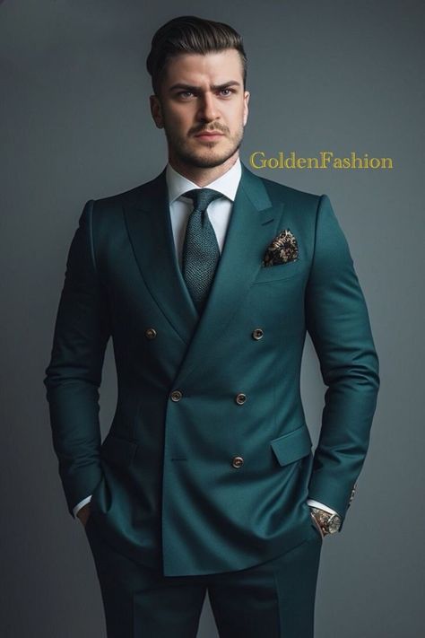 Buy Premium Classic Men Double Breasted 2 Piece Suit Wedding online on Etsy India. Shop for handmade, vintage and unique Mens Wedding Suits items from GoldenfashionStore online on Etsy Robe Suit Men, Mens Teal Suit, Groom Men Suits Wedding Colors, Walking Suits For Men, Dark Teal Groom Suit, Dark Teal Wedding Suit, Mens Gala Attire, Dark Teal Suits For Men Wedding, Teal Suits For Men