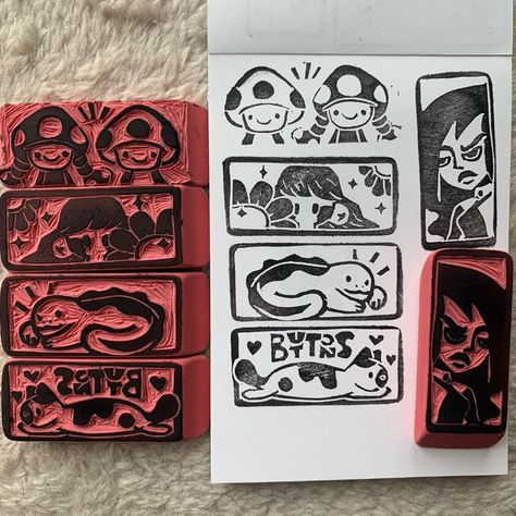 Eraser Stamp Art, Eraser Stamps Diy, Cute Lino Prints, Small Stamp Ideas, Eraser Block Print, Stamp Making Ideas, Linocut Eraser, Pink Eraser Stamp, Eraser Printmaking