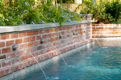 French Country Retreat - Traditional - Pool - Austin - by Vernon Wentz | Houzz Brick Water Feature Pool, Classic Pool Design, Pretty Pools, Raised Pools, Bossier City Louisiana, Swimming Pool Fountains, Traditional Pool, Pool Features, Pool Water Features