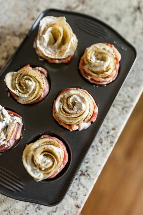 Elegant Entertaining Made Easy: Bacon Wrapped Potato Roses Recipe | Rosalynn Daniels Potato Roses Wrapped In Bacon, Bacon Wrapped Baby Potatoes, Rose Potatoes, Roses In Potatoes, Potato Roses, Bacon Wrapped Potatoes, Bacon Roses, Fancy Appetizer Recipes, Potato Appetizers