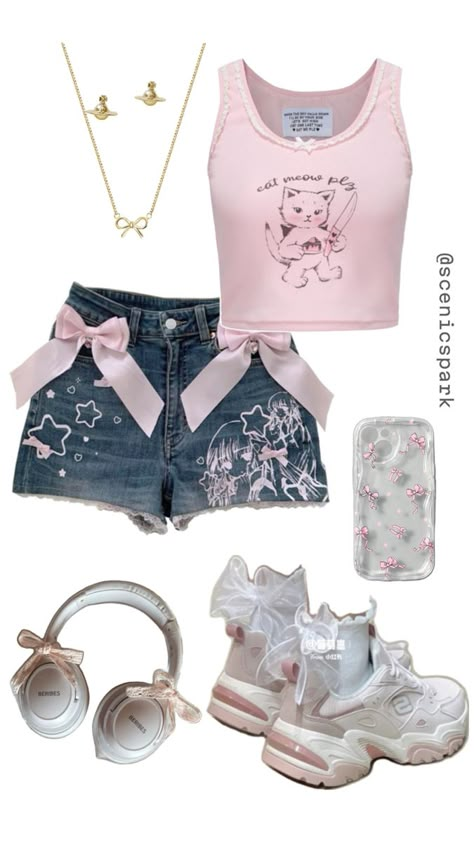 #ootd #summer #casual #fashion #coquette Ootd Summer Casual, Y2k Pink Outfit, Cute Outfits With Shorts, Punk Style Outfits, Fashion Coquette, Coquette Outfit, Fasion Outfits, Kawaii Fashion Outfits, 2000s Fashion Outfits