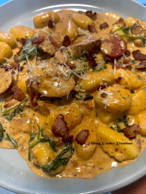 TUSCAN BACON SAUSAGE GNNOCHI... - Tiffany Ketcher Kreations Tuscan Chicken And Gnocchi, Creamy Tuscan Chicken With Gnocchi, Creamy Tuscan Chicken Gnocchi, Creamy Tuscan Sausage Gnocchi, Creamy Bacon Gnocchi, Dried Tomatoes In Oil, Sun Dried Tomatoes In Oil, Tomatoes In Oil, Bacon Sausage