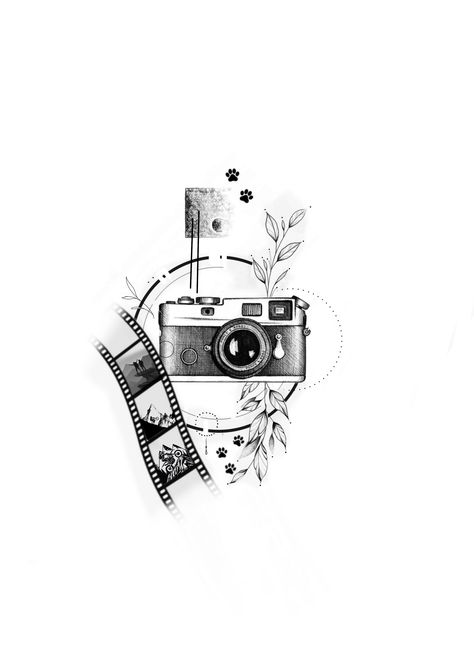 Camera Tattoos For Men, Camera And Flowers Tattoo, Film Camera Tattoo, Photography Tattoo Ideas, Photographer Tattoo Ideas, Camera Drawing Art, Vintage Camera Tattoos, Journey Tattoo, Camera Tattoo Design