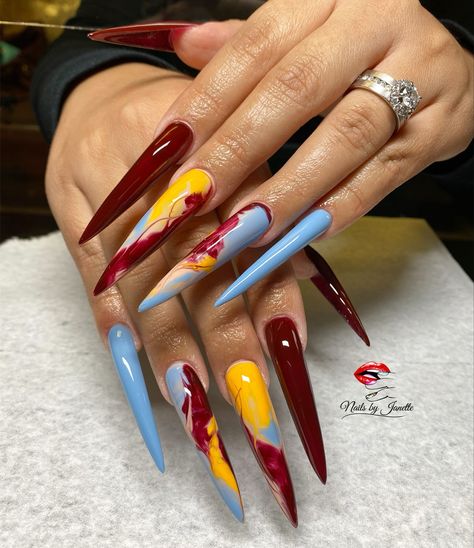 Fall nails Vibrant Fall Nails, Stilleto Fall Nail Designs, Fall Stilleto Nails Long, Fall Nails Coffin Long, Acrylic Nails For Autumn, Long Nail Designs Fall, Each Nail Different Design, Long Acrylic Nails Fall, Fall Long Nails Ideas