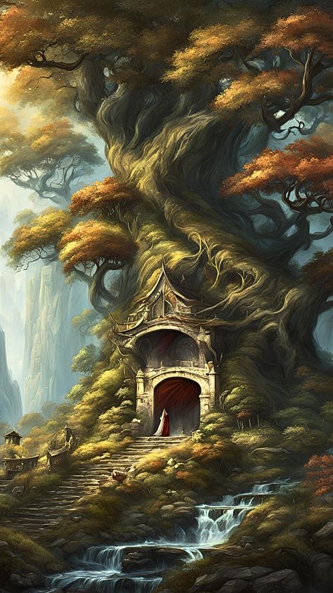 #fantasyart #fantasy #tree Big Tree Fantasy Art, Fantasy Willow Tree, Trees Fantasy Art, Fantasy Art House, Houses In Trees, Elder Tree, Fantasy Tree, House Tree, Art House