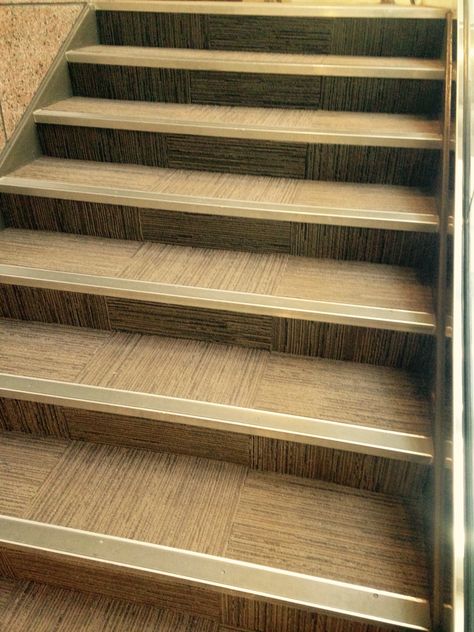 Interface carpet tile with stair nosing at our headquarters in LaGrange, GA Tiles On Stairs, Tiles For Stairs, Interface Carpet, Vinyl Stair Treads, Wood Railings For Stairs, Stairs Treads And Risers, Stair Railing Kits, Metal Stair Railing, Stair Posts