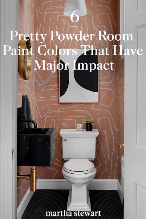 An interior designer shares the best paint colors for any sized powder room to suit whatever home decor style you have. Click here to see the best moody, calming, neutral, and happy paint colors that are perfect for any powder room. #paintcolors #marthastewart #paintideas #paintcolorideas #bestpaintcolors #homeinspiration Happy Paint Colors, Paint Small Bathroom, Statement Powder Room, Small Toilet Decor, Small Guest Bathroom, Powder Room Paint Colors, Pink Powder Room, Small Bathroom Paint Colors, Powder Room Paint