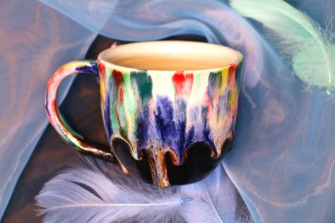 #CeramicCoffeeMug #pottery #CoffeeMug #PotteryMug #CoffeeLover #CoffeeLoverGift #Lovelymugs #etsy Coffee Mug Pottery, Rainbow Mug, Happy Rainbow, Mug Pottery, Mug Handmade, Color Melting, Mug Unique, Pottery Cups, Pottery Mug