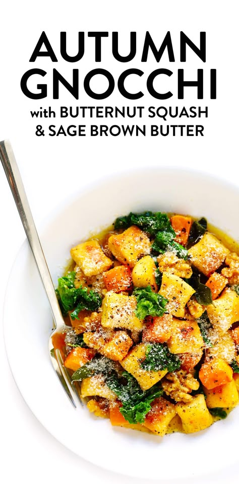 Gnocchi with Butternut Squash, Kale and Sage Brown Butter Sauce - Gimme Some Oven Toasted Gnocchi, Butter Squash Recipe, Sage Brown Butter Sauce, Butternut Squash Sage, Sage Brown Butter, Butternut Squash Kale, Brown Butter Sauce, Ricotta Gnocchi, Sage Butter