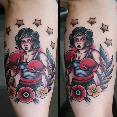 Boxer Tattoo. Weightlifting Tattoo, Linda Tattoo, Boxer Tattoo, Boxing Tattoos, Trad Flash, Girl Boxers, Tattooed Woman, Tattoos Traditional, Nautical Tattoo