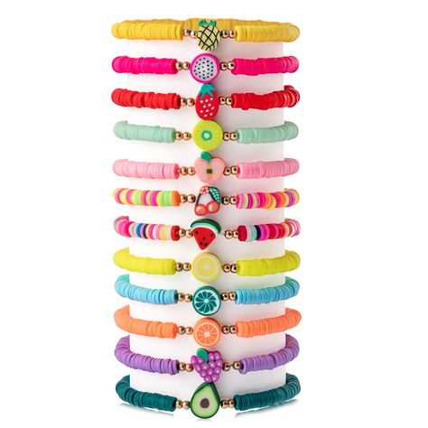 PRICES MAY VARY. Fruit Clay Bracelets Set - Included in the package are 12 different fruit clay disc beaded bracelets, which are abundant in quantity and in a variety of styles to meet your wearing needs, or you can share with your friends. Exquisite Design - The unique fruit pendant has a strong summer vibe and looks so cute. No matter what color of skin you have, colorful bracelets can match your skin tone well and win more compliments. Elastic Bracelets - The diameter of the bracelets is near Clay Bracelets, Unique Fruit, Bracelet For Girls, Elastic Bracelets, Birthday Vacation, Beach Birthday, Different Fruits, Clay Bracelet, Kids Bracelets