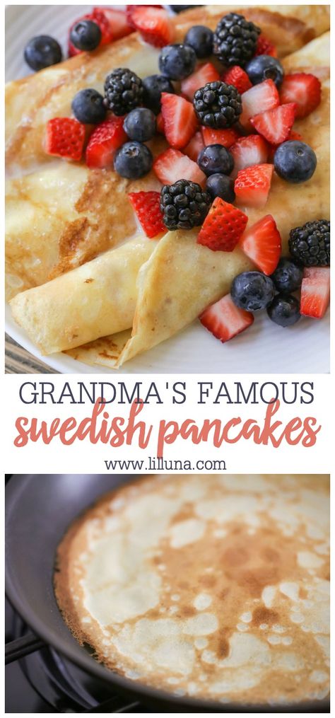 This Homemade Swedish Pancakes recipe makes the softest, most delicious pancakes. Fill and top them with cream, fruit or buttermilk syrup for a delicious breakfast! #swedishpancakes #pancakes #pancakerecipes #breakfast #breakfastrecipes Swedish Pancakes Recipe, Buttermilk Syrup, Swedish Pancakes, Delicious Pancakes, Tasty Pancakes, Swedish Recipes, Breakfast Pancakes, Pancakes And Waffles, Delicious Breakfast