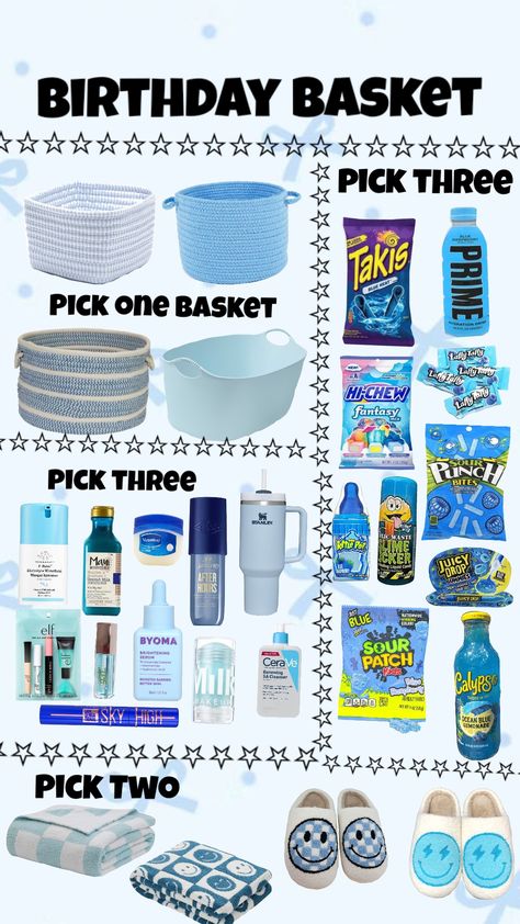 Blue Birthday Basket Gift Ideas, Boyfriend Bday Basket Ideas, Burr Basket Blue Theme, Brr Basket For Boys, Feeling Blue Basket, Blue Birthday Gift Basket, Birthday Basket Blue, Senior Cheer Basket Ideas, Blue Basket Gift Ideas