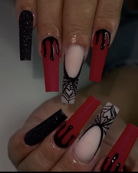 Halloween Nail Designs Long Nails, Red Black White Halloween Nails, Staleto Nails Halloween, Vampire Nails Halloween, Red Black And White Halloween Nails, Halloween Nail Designs Stiletto Long, Halloween Nails Long Stiletto, Red And Black Spooky Nails, Black White And Red Halloween Nails