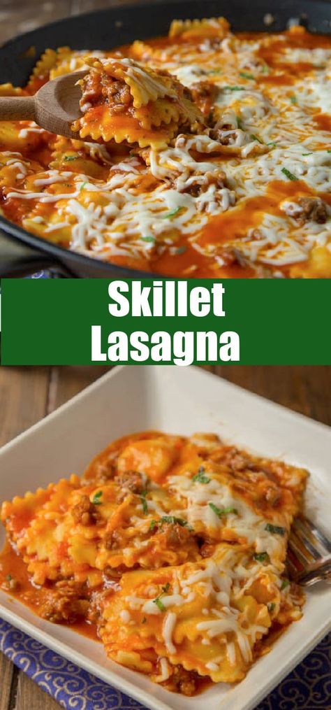 Quick and Easy Skillet Lasagna - Make lasagna perfect for a weeknight meal.  Ravioli makes this ready in less than 30 minutes, and pure comfort food everyone will love. Skillet Ravioli Lasagna, Easy Skillet Lasagna Recipe, Skillet Ravioli, Skillet Lasagna, Dinner Favorites, Beef Meals, Friends Recipes, Ravioli Lasagna, Easy Weekday Meals