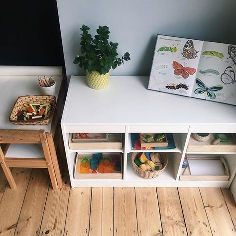 Buy some shelves for trofast unit and move to living room for toys Montessori Shelf Ideas, Montessori Shelves, Montessori Shelf, Montessori Bedroom, Ikea Trofast, Montessori Room, Toy Shelves, Montessori Toddler Activities, Baby Education