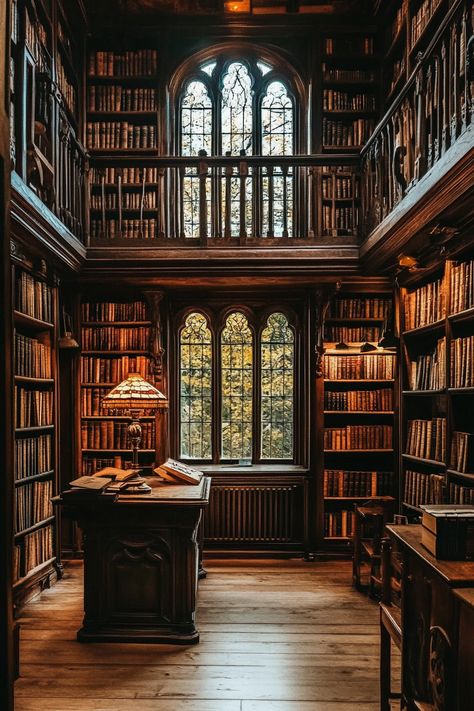 This image showcases a beautifully designed wooden library featuring tall bookshelves filled with books. The warm glow of a lamp illuminates the central reading desk, while intricate Gothic-style windows allow natural light to filter in, creating a serene reading atmosphere. The rich wood tones and carefully arranged decor enhance the library's elegant, inviting ambiance, making it a perfect study or reading space..  #library, #wooden decor, #Gothic architecture, #reading nook, #book lovers, #home library Light Wood Library, French Library Aesthetic, 1800s Library, Quaint Bookstores, Cozy Library Aesthetic, Aesthetic Home Library, Cottage Core Library, Dark Wood Bookshelves, Victorian Home Library