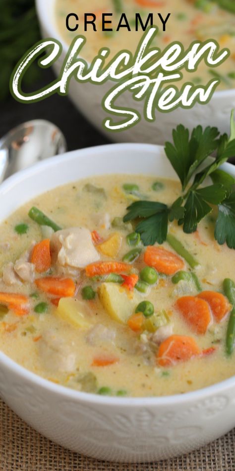 This CREAMY CHICKEN STEW recipe is super simple to make and tastes great. With chicken, potatoes, sweet potatoes and plenty of vegetables in a creamy broth, this stew is comfort food heaven! #chickenrecipe #chickenstew #creamychickenstew #creamystew #stewrecipe Chicken Stew With Potatoes, Veg Stew, Stew Recipes Crockpot, Creamy Chicken Stew, Chicken Broth Soup, Chicken Potato Soup, Chicken Vegetable Stew, Chicken Thights Recipes, Chicken Stew Recipe