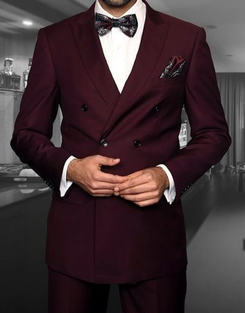 Elegant Red Double Breasted Suit For Semi-formal, Luxury Red Fitted Double Breasted Suit, Classic Tailored Red Double Breasted Suit, Maroon Double Breasted Suit, Red Fitted Double-breasted Suit With Notch Lapel, Red Prom Suit, Bow Tie Suit, Red Prom, Groom Dress Men