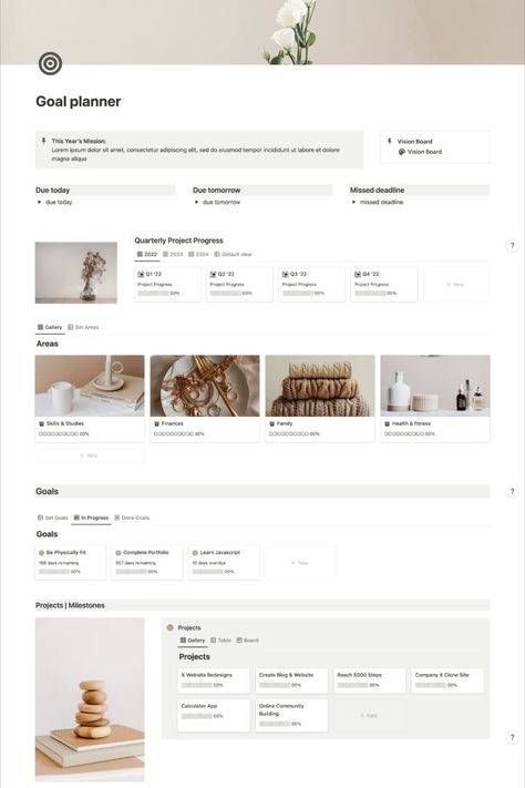 This reusable Notion Digital  planner that comes with :

• Individual Monthly pages
• Weekly planner
• Daily planner
• Goal Planner
• Journal
• Habit tracker Goals Notion Page, Notion Page Inspiration, Goal Planning Notion, Goals Page Notion, Notion Goal Tracker, Notion Goals Page, Notion Goals Template, Notion Hacks, Notion Daily Planner