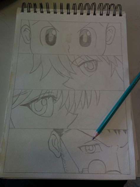 Gon, killua, Kurapika, Leolio in class :3 Killua Drawing Easy, Gon Sketch, Kurapika Drawing, Hunter X Hunter Drawing, Hxh Drawing, Gon Killua Kurapika, Halloween Simples, Gon Killua, Pencil Drawings For Beginners