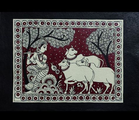 Madhubani Paintings and Art | #mpa_krishna 🙏🙏🙏 Kanha 🌹🌹sitting under a tree with a herd of Cow🐄🐄 | Facebook Madhubani Painting Easy, Sitting Under A Tree, Madhubani Paintings, Under A Tree, Madhubani Art, Madhubani Painting, Folk Art Painting, Acrylic Colors, Handmade Paper