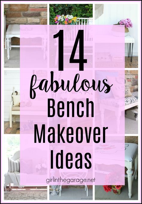 14 Creative DIY bench makeover ideas for your next thrifty furniture makeover project. Tips for upholstery, wood, headboard, and stenciled benches. DIY furniture makeover and decor ideas by Girl in the Garage. Benches Diy, Bench Makeover, Front Porch Bench, Diy Bank, Stool Makeover, Painted Benches, Old Benches, Porch Bench, Garage Furniture