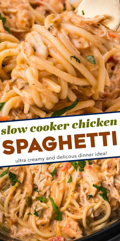 Slow Cooker Chicken Spaghetti, Slow Cooker Kip, Rotel Chicken, Rotel Chicken Spaghetti, Chicken Spaghetti Recipe, Crockpot Spaghetti, Resep Pasta, Chicken Spaghetti Recipes, Crock Pot Recipes