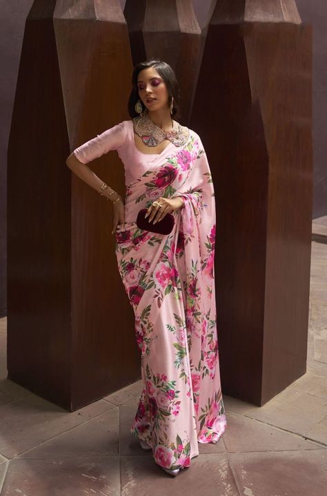 Baby Pink Saree, Saree With Designer Blouse, Baby Pink Blouse, Floral Sarees, Saree With Belt, Purple Saree, Crepe Blouse, Crepe Saree, Latest Designer Sarees