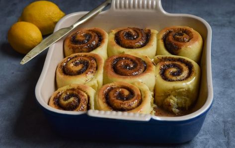 For this twist on classic cinnamon rolls, we’ve got olive oil in both the dough and the filling. It’s still got that pillowy, gooey texture we know and love, but the dough also feels lighter and tender. The filling is heavily spiced with cardamom, cinnamon, cloves, nutmeg, and a zip from a little bit of lemon zest. Dry Yeast, Cinnamon Roll, Lemon Zest, Cake Pans, Cinnamon Rolls, Olive Oil, Dough, Cinnamon, Oven