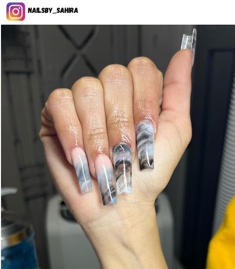 Black White And Grey Marble Nails, Granite Nails Marbles, Black Marbled Nails, Grey And Black Marble Nails, Black And White Marble Acrylic Nails, Black And Silver Marble Nails, Marble Nails With Gems, White And Black Marble Nails, Black Marble Nail Designs