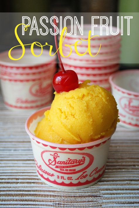 Passionfruit Sorbet Recipe, Passion Fruit Sorbet Recipes, Frozen Passion Fruit Recipes, Passionfruit Sorbet, Fruit Sorbet Recipe, Passion Fruit Sorbet, Passion Fruit Puree, Granitas, Passionfruit Recipes