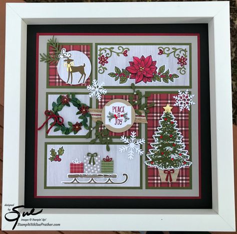 Stampin’ Up! Christmas Sampler 2018 | Stamp With Sue Prather Christmas Sampler, Box Frame Art, Christmas Shadow Boxes, Homemade Christmas Cards, Stampin Up Christmas, Christmas Scrapbook, Christmas Frames, Diy Christmas Cards, Marianne Design