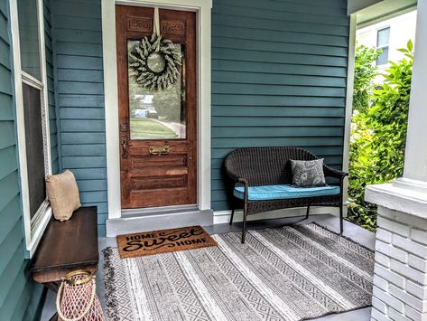 Blue Grey Craftsman Exterior, Jade Green House Exterior, Navy Blue House Green Door, Dusty Teal House Exterior, Blue Painted Houses Exterior, Teal Siding Exterior, Teal Green House Exterior, Green Blue House Exterior, Teal Home Exterior