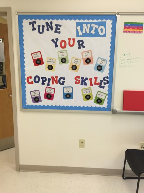 Updated tune into coping skills! Emotion Regulation Bulletin Board, Coping Skills Bulletin Board, School Counselor Bulletin Boards, Counselor Bulletin Boards, School Counseling Bulletin Boards, Counseling Bulletin Boards, Social Worker Office Decor, Social Work Offices, Social Workers Office