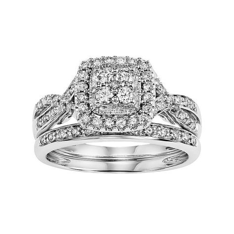 Simply Vera Vera Wang 14k White Gold 1/2 Carat T.W. Certified Diamond Square Halo Engagement Ring Set, Women's, Size: Halo Engagement Ring Set, Square Halo Engagement Rings, White Engagement Ring, Wooden Rings Engagement, The Bling Ring, Halo Engagement Ring Sets, Antique Engagement Ring, Simply Vera Wang, Halo Engagement Rings