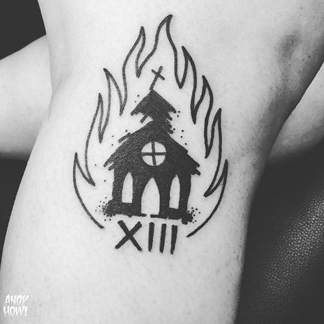 Simple Satanic Tattoos, Witchery Tattoo, Blasphemy Tattoo, Church On Fire Tattoo, Burning Church Drawing, Burning Church Tattoo Design, Satanic Tattoo Symbols, Satanic Tattoo Design, Atheist Tattoo