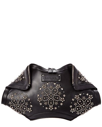 Rue La La — Alexander McQueen Leather & Flower Studs De Manta Clutch Alexander Mcqueen Clutch, Black Alexander Mcqueen, Sarah Burton, Leather Flower, Clutch Black, British Fashion, Leather Flowers, Mini Crossbody Bag, Flower Studs