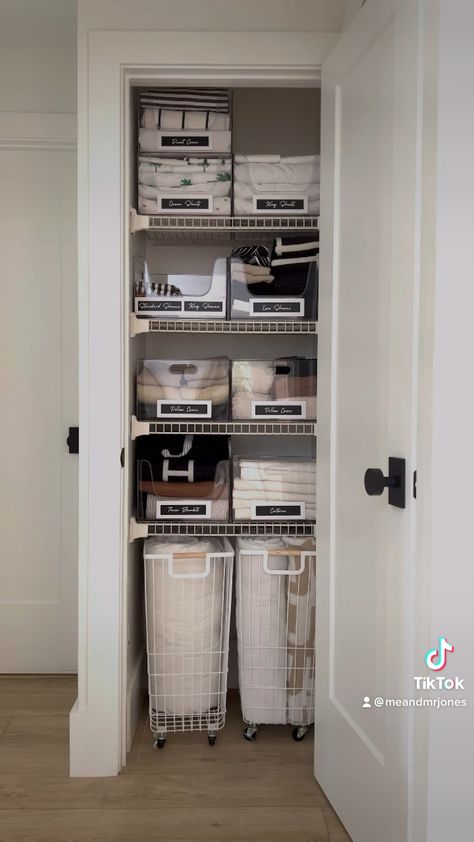 Hamper In Linen Closet, Turn Closet Into Linen Closet, Big Linen Closet, Organization Ideas For Linen Closet, Linen Closet Master Bath, Linen Storage In Master Closet, Elfa Linen Closet, Small Linen Closet Makeover Diy, Linen Closet Dimensions