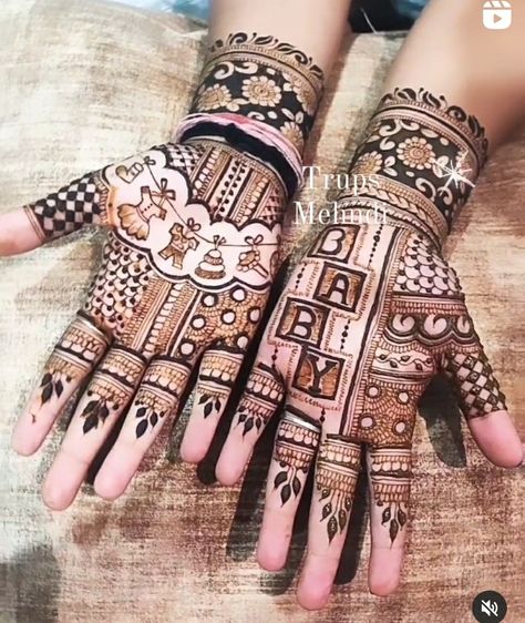 Mehndi Designs For Seemantham, Chachi To Be Mehndi, Mehndi Designs Baby Shower Hand, God Bharai Mehndi Design, Mehandi Design For Baby Shower Function, Baby Shower Mhendi Design Hand, Mehendi Designs For Baby Shower Function, Godbharai Mehendi Designs, Baby Shower Henna Design