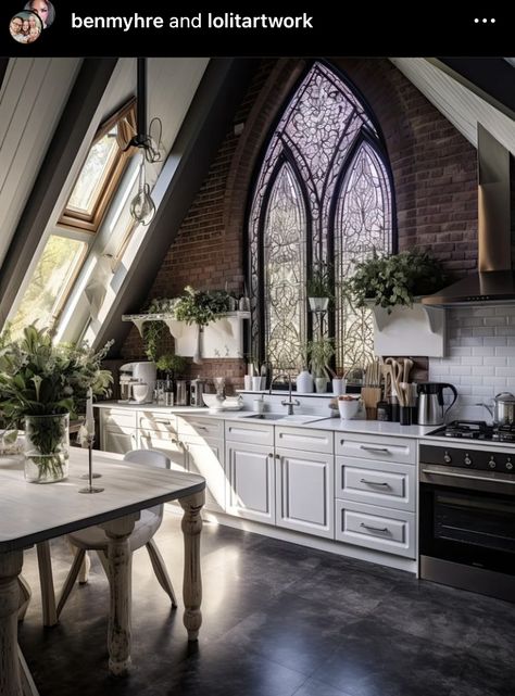 Gothic Home Exterior, Gothic Revival Interior, Dark Kitchens, Nest Decor, Gothic Farmhouse, Gothic Cottage, Witchy House, Gothic Kitchen, Darkness And Light