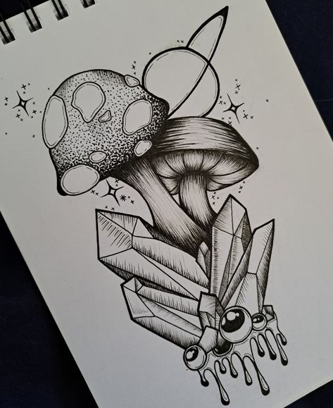 Mystical Drawing Ideas, Mystic Tattoo Magic, Mystical Drawings, Magic Doodle, Black Drawings, Beautiful Pencil Drawings, Tattoo Themes, Mushroom Tattoos, Pen Tattoo